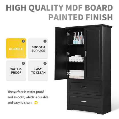Black Tall Storage Cabinet with Adjustable Shelves, Doors, and Drawers - MDF Construction