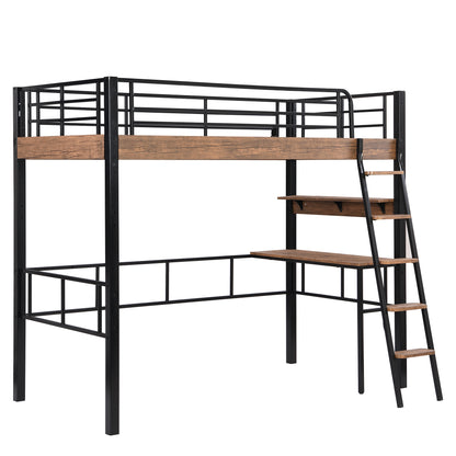 Black Metal Twin Loft Bed with Integrated Desk, Storage Shelf, and Ladder