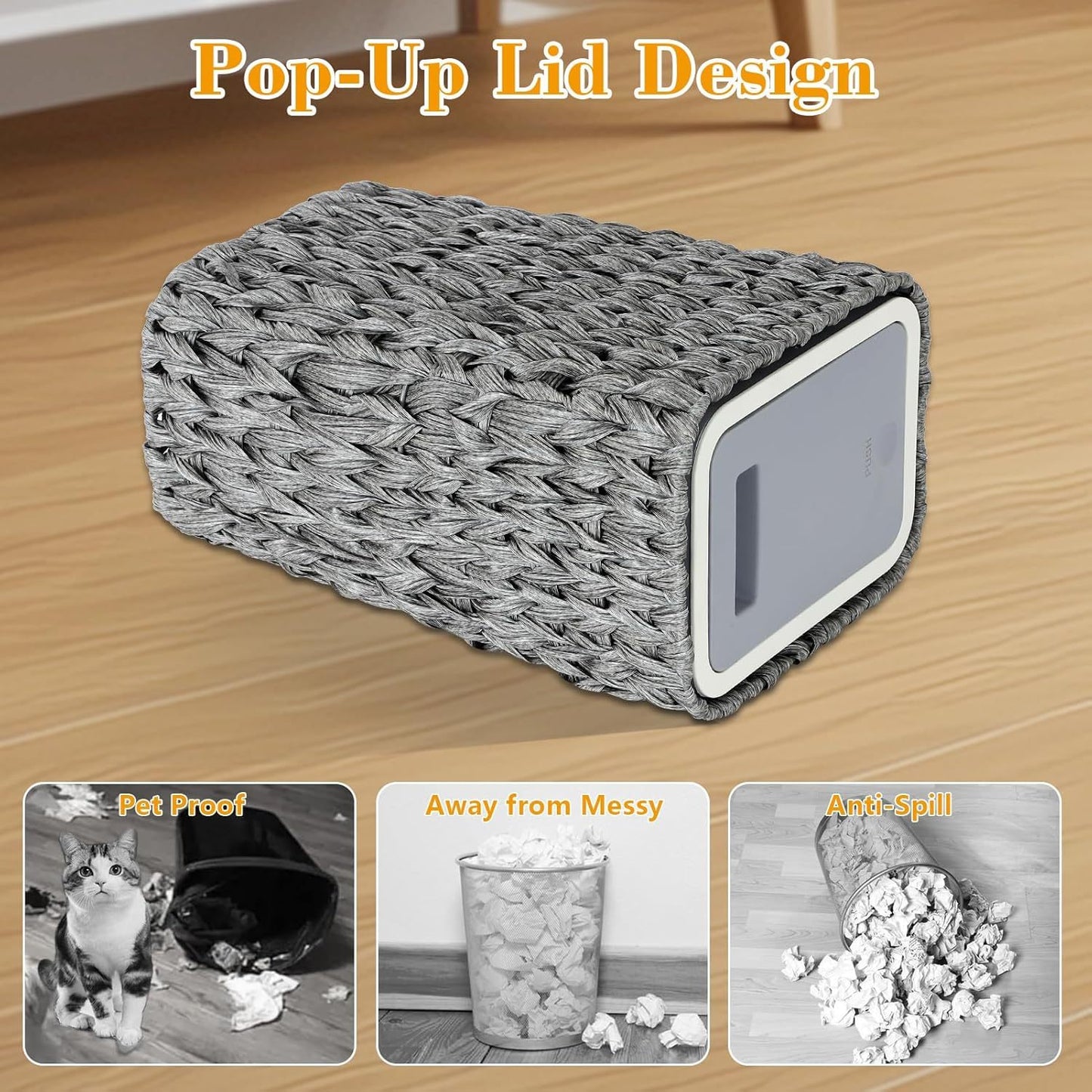 Bathroom Small Trash Can with Lid,2.6 Gallon Small Rattan Garbage Can with Press Top Lid,Double-Deck Slim Wicker Wastebasket Trash Can for Bathroom,Kitchen,Office,Living Room,Bedroom-Gray