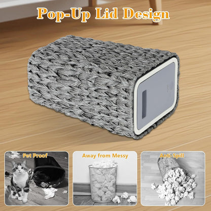 Bathroom Small Trash Can with Lid,2.6 Gallon Small Rattan Garbage Can with Press Top Lid,Double-Deck Slim Wicker Wastebasket Trash Can for Bathroom,Kitchen,Office,Living Room,Bedroom-Gray