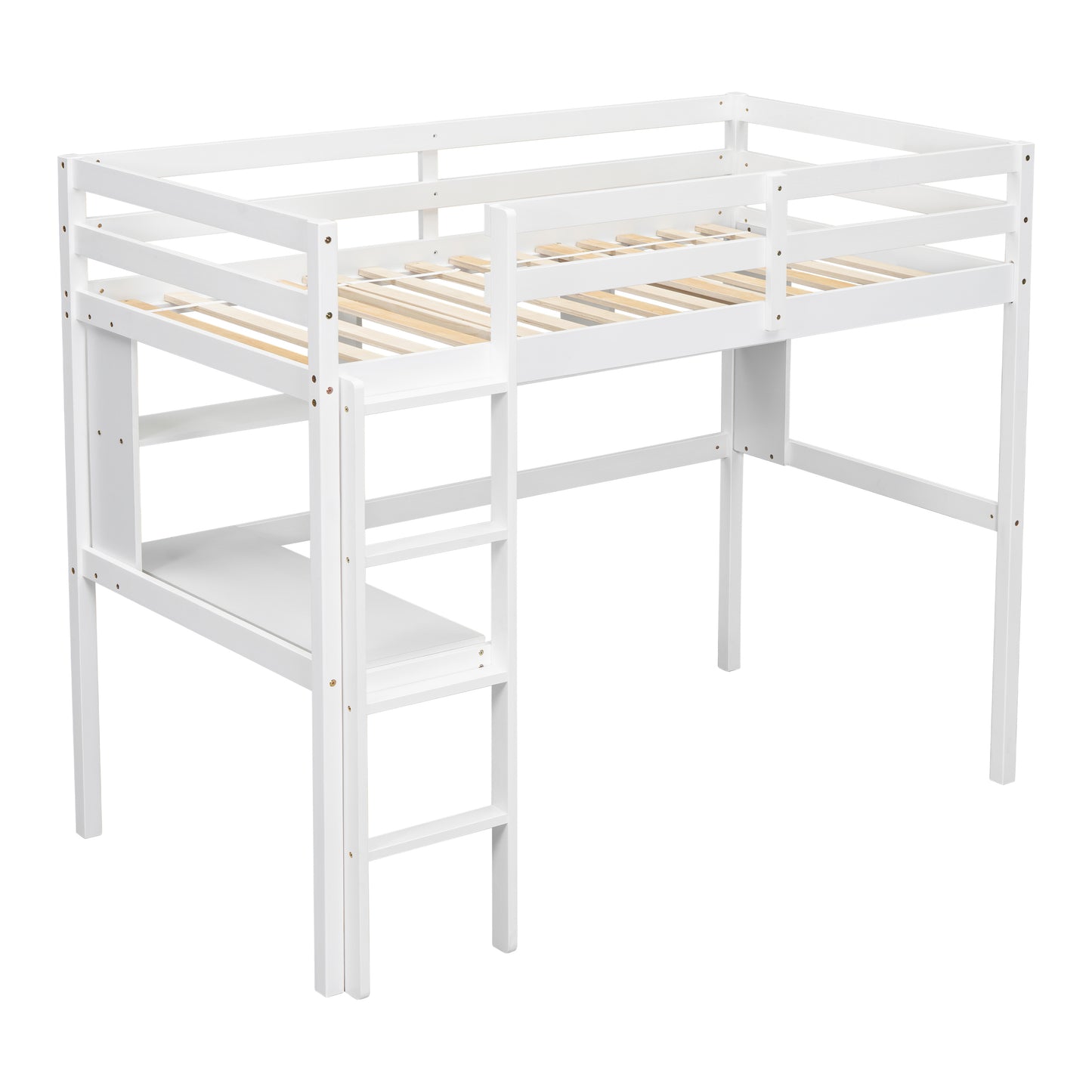 Twin Loft Bed with Integrated Desk and Shelves, Safety Guardrails, and Ladder in White