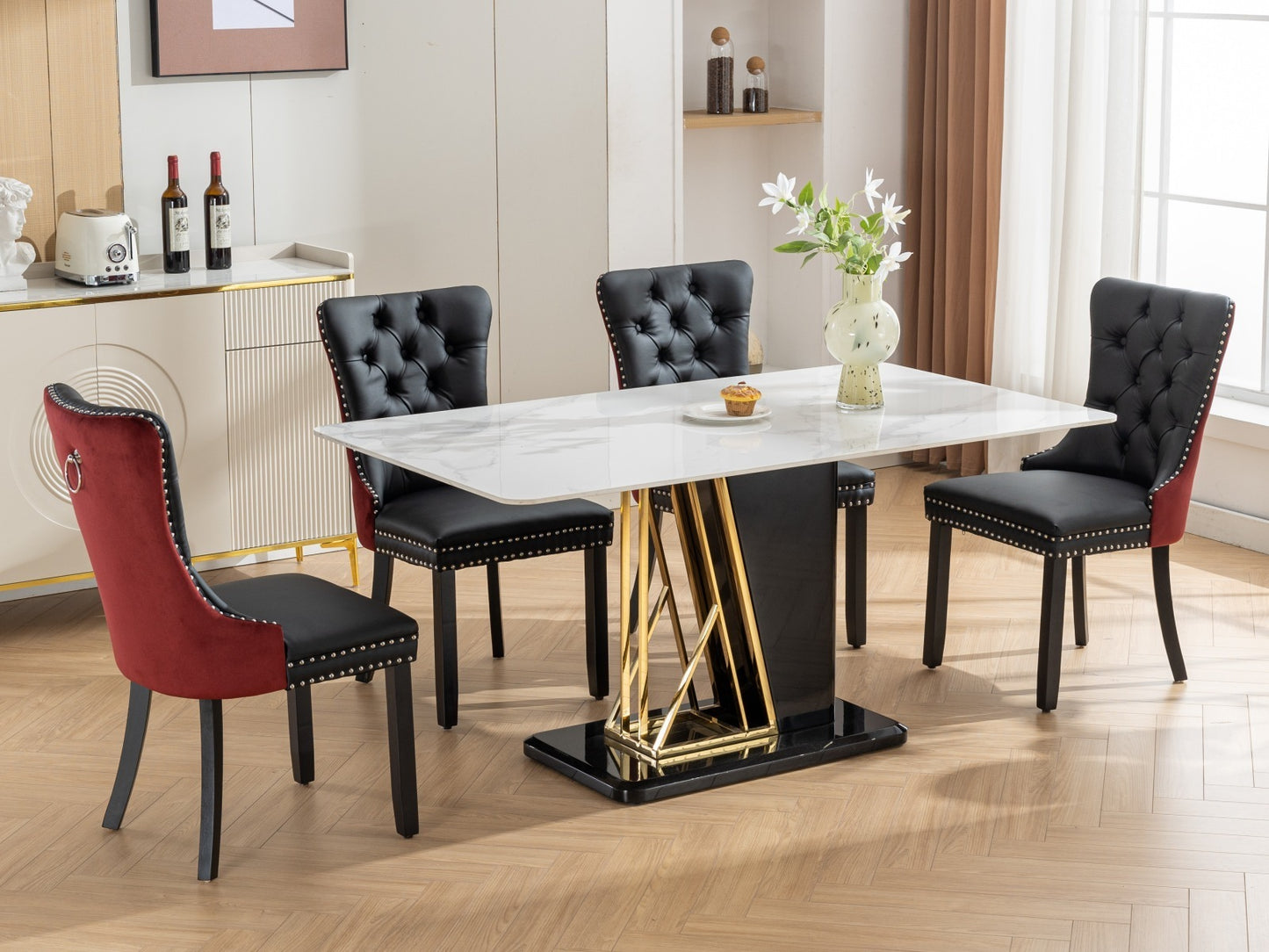 Modern Tufted Solid Wood Dining Chairs, PU & Velvet, Wood Legs, Set of 2, Black + Burgundy