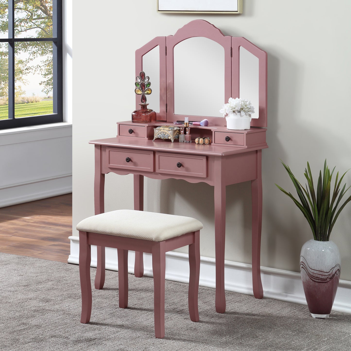 Wooden Vanity Makeup Table and Stool Set with Large Mirror, Storage Drawers, Drawer Organizer for Bedroom, Rose Gold