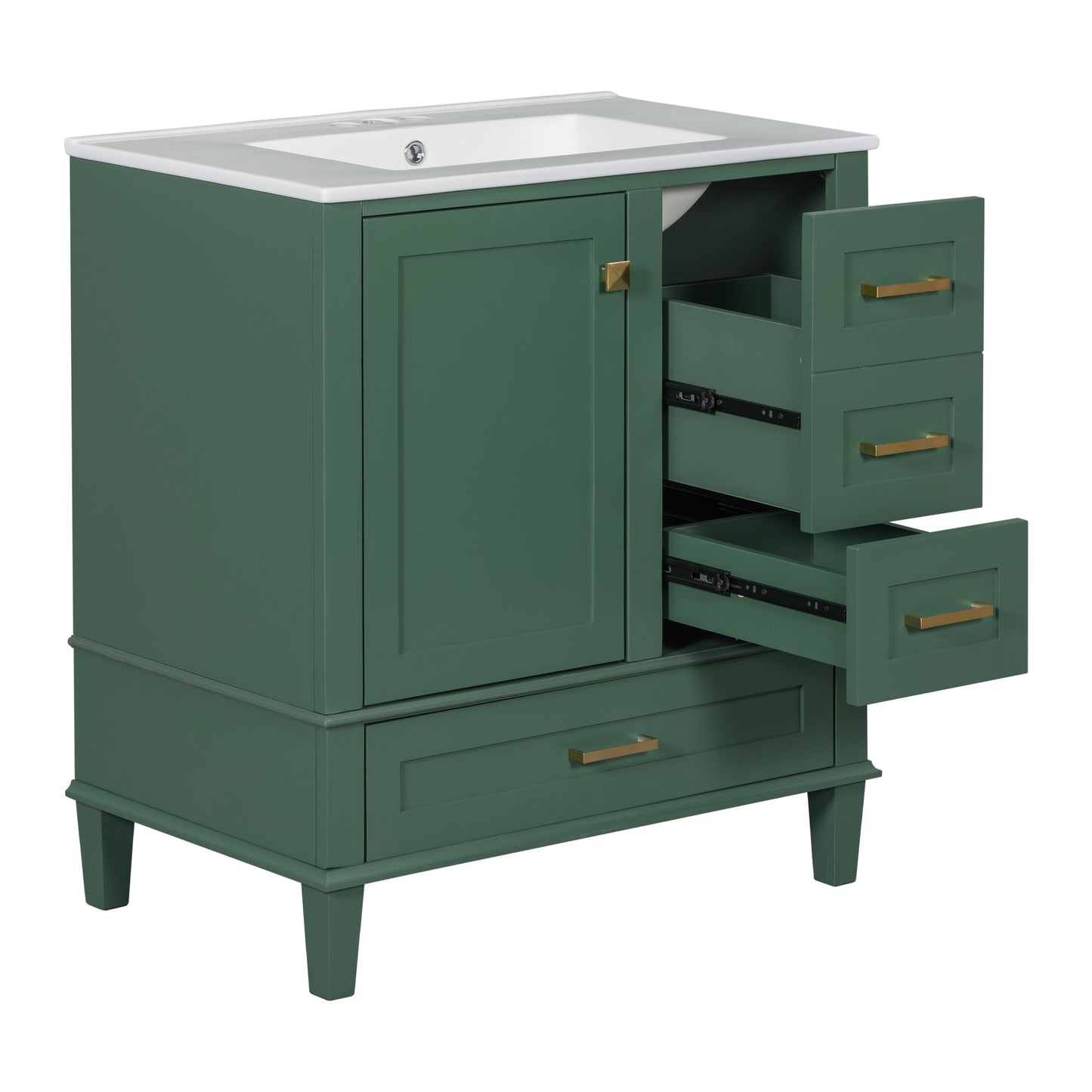 30" Stylish Green Bathroom Vanity with Soft-Close Doors and Sink Combo, Modern Cabinet Featuring 3 Spacious Drawers and Solid Wood Frame