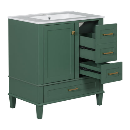30" Stylish Green Bathroom Vanity with Soft-Close Doors and Sink Combo, Modern Cabinet Featuring 3 Spacious Drawers and Solid Wood Frame