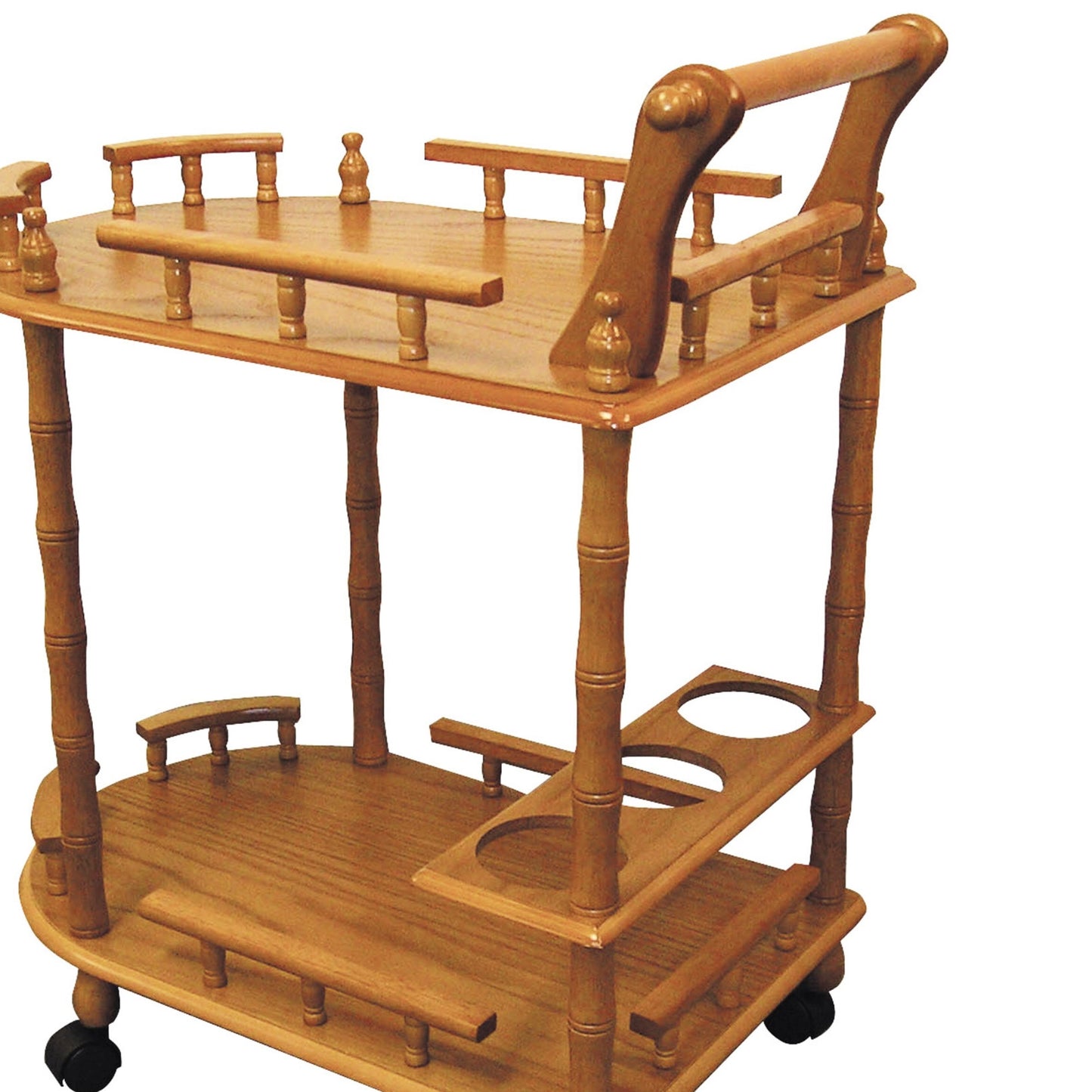 Elegant 29 Inch Oak Two Tier Wine Cart With Locking Wheels