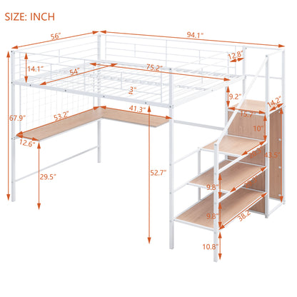 Stylish Full Size Metal Loft Bed with Integrated Desk and Storage Solutions in White