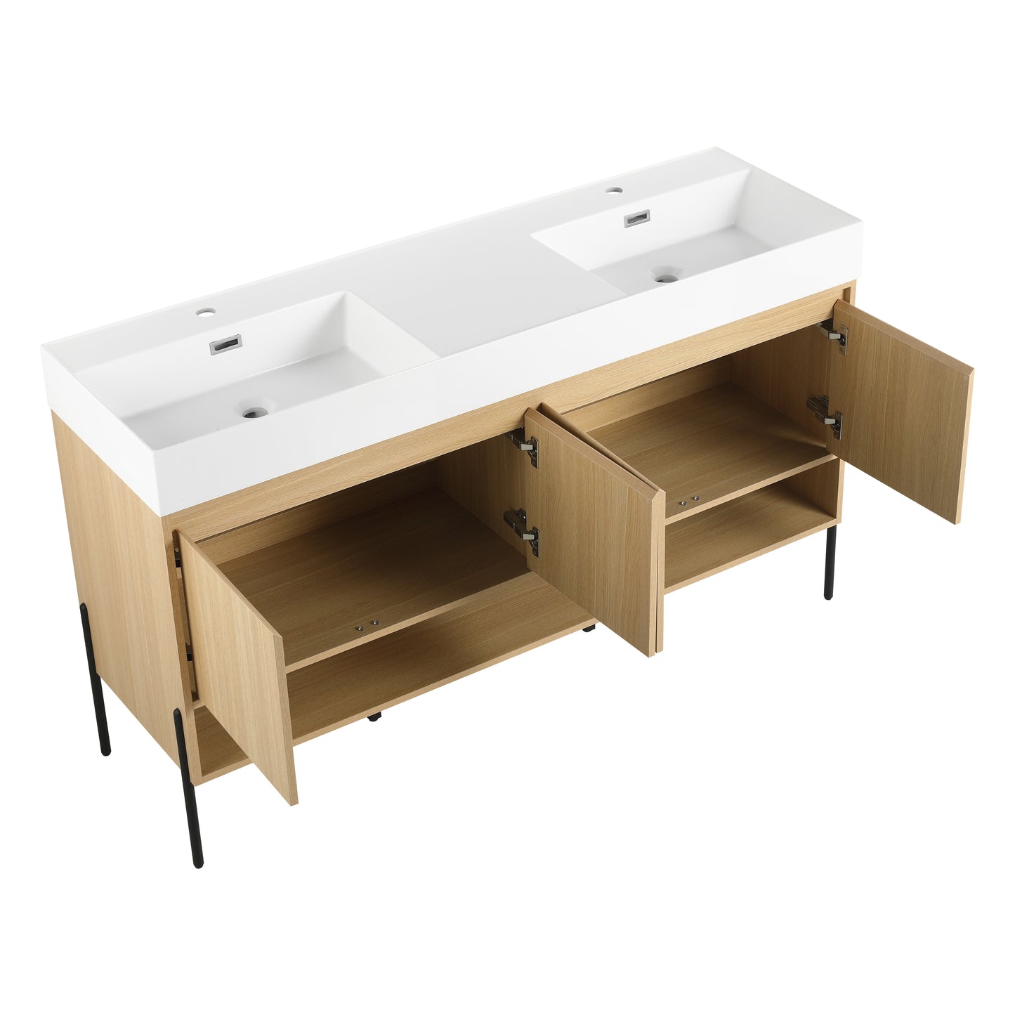 60-Inch Modern Oak Bathroom Vanity Set with Single Resin Sink and 4-Door Storage Cabinet