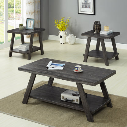 Modern Replicated Wood Coffee Table Set with 2 End Tables, 48x24x19, Living Room, Charcoal Finish