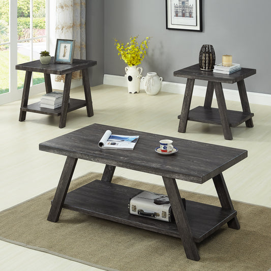 Modern Replicated Wood Coffee Table Set with 2 End Tables, 48x24x19, Living Room, Charcoal Finish