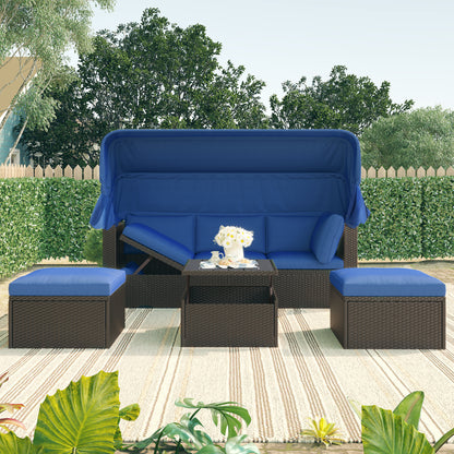 Outdoor Patio Rectangle Daybed With Retractable Canopy Wicker Sectional Seating And Washable Cushions For Backyard Blue