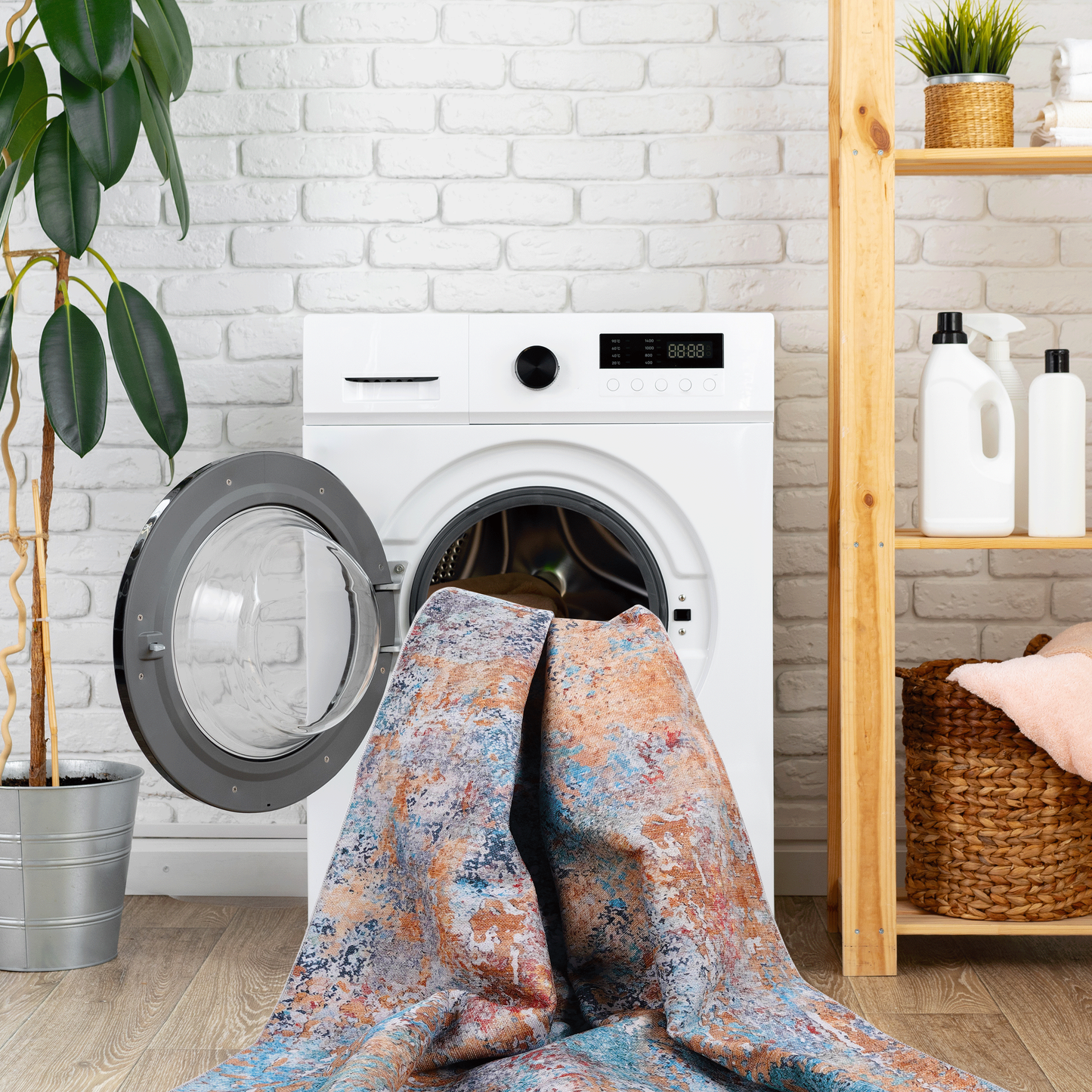 8x10 Area Rug, Washable, Low-Pile Chenille, Non-Slip Backing, Foldable, Kid & Pet Friendly, Multi