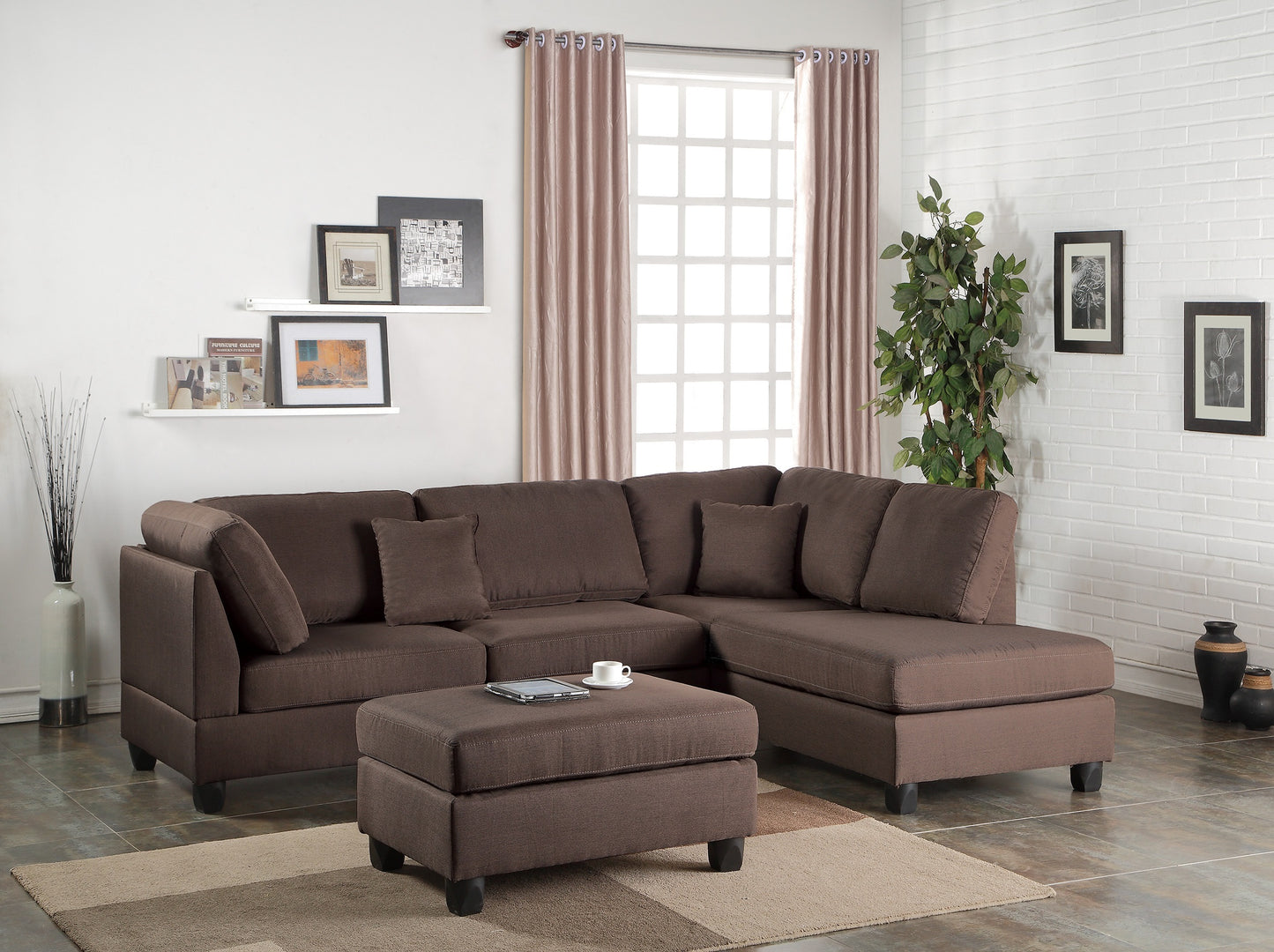 3-Piece Sectional with Reversible Chaise and Ottoman, Linen-Like Fabric, 105-In Living Room Chocolate