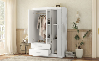 3-Door Mirror Wardrobe with shelves, White