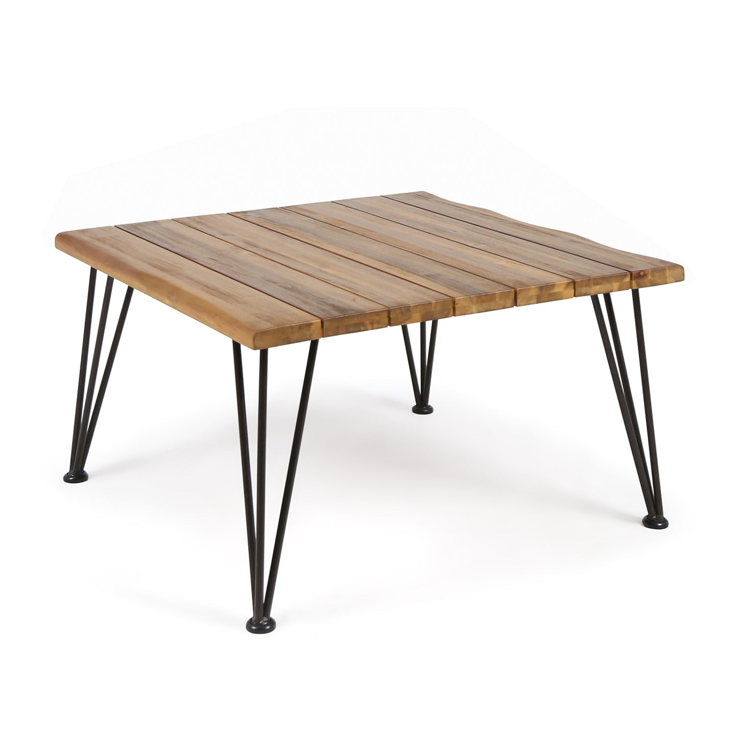 Outdoor Slat-Top Coffee Table with Metal Legs, 32.5-Inch Square, Rustic Patio Table, Acacia Wood, Teak