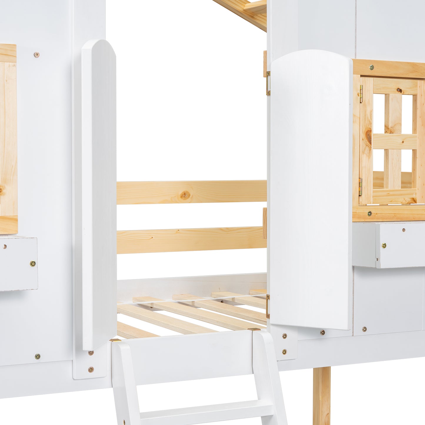 Twin House Bunk Bed for Kids with Roof, Windows, and Safety Features - Natural/White Finish