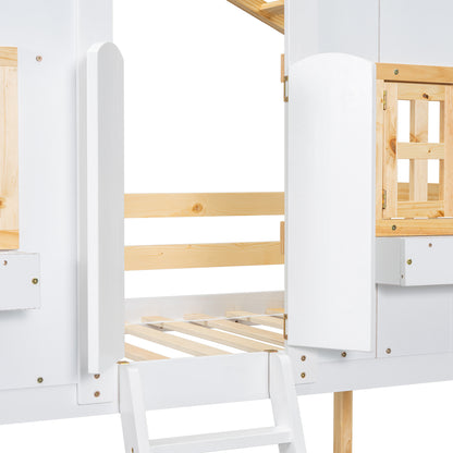 Twin House Bunk Bed for Kids with Roof, Windows, and Safety Features - Natural/White Finish