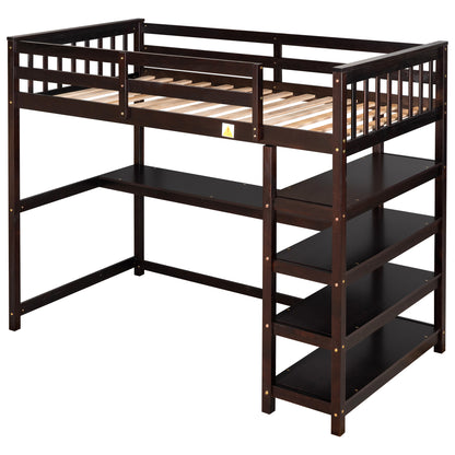 Espresso Twin Loft Bed with Integrated Workspace and Storage Shelves