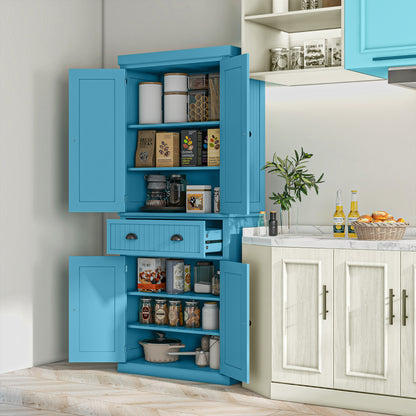 Light Blue Freestanding 72" Kitchen Pantry Cabinet with Adjustable Shelves and Traditional Design