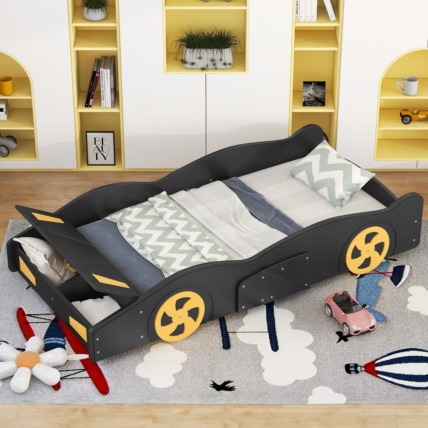 Twin Size Race Car Platform Bed with Storage and Wheels in Black and Yellow
