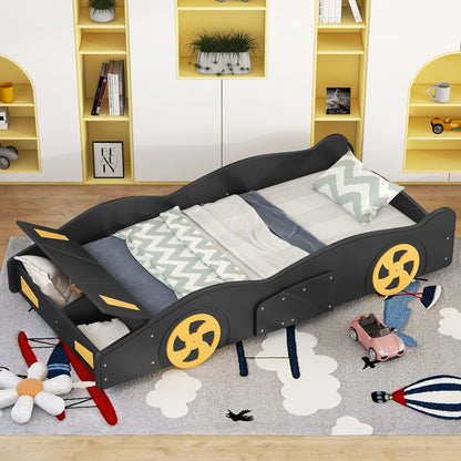 Twin Size Race Car Platform Bed with Storage and Wheels in Black and Yellow