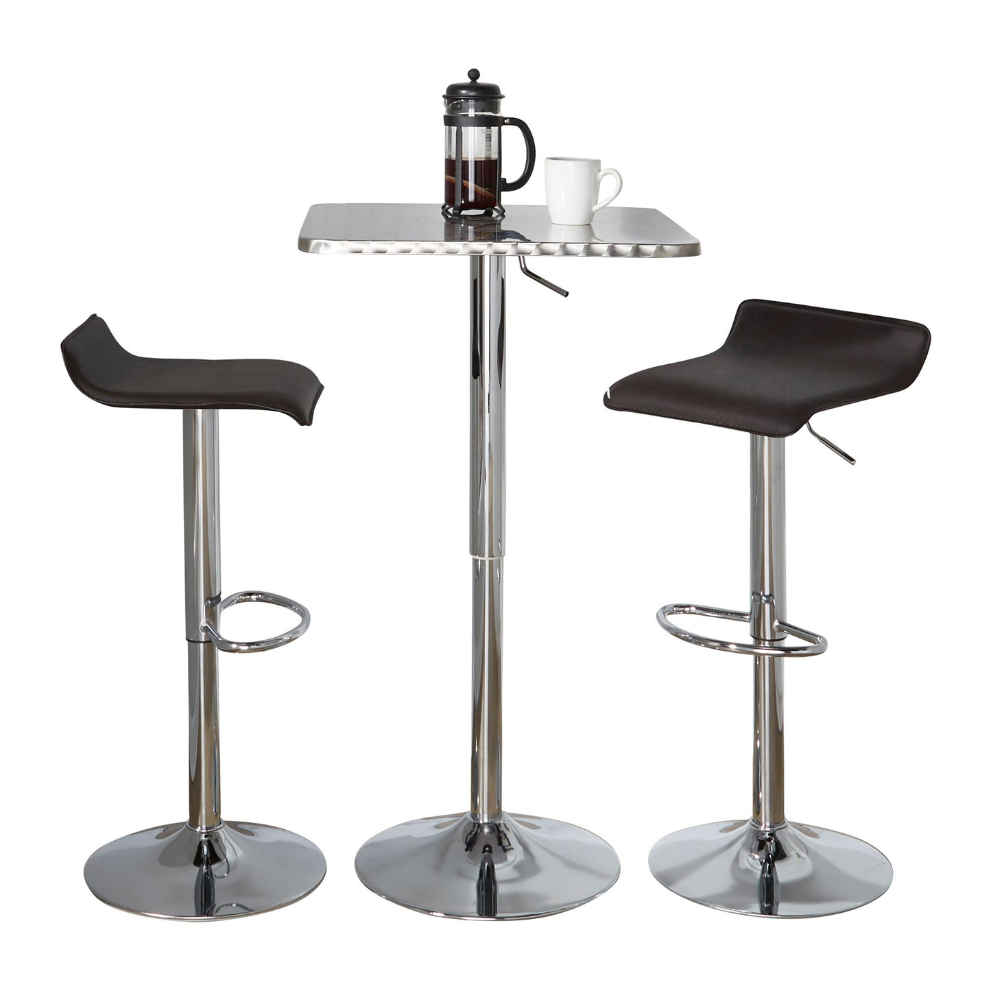 3-Piece Contemporary Adjustable Bar Set Square Bistro-Style Oval Footrest Silver-Chrome Metal Brown PVC