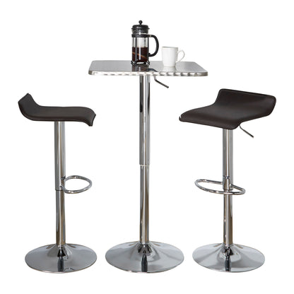 3-Piece Contemporary Adjustable Bar Set Square Bistro-Style Oval Footrest Silver-Chrome Metal Brown PVC