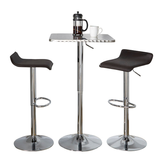 3-Piece Contemporary Adjustable Bar Set Square Bistro-Style Oval Footrest Silver-Chrome Metal Brown PVC
