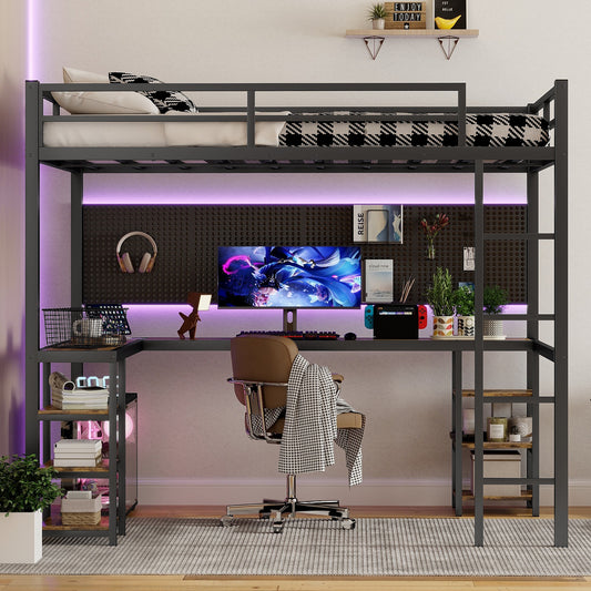 Stylish Full XL Metal Loft Bed with Integrated Desk and Storage Shelves, Ideal Space-Saving Solution for Bedrooms, Black Finish