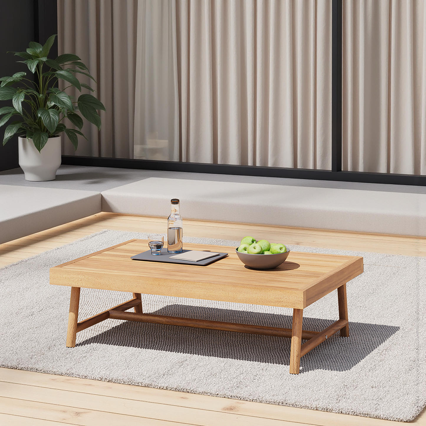 Outdoor Acacia Wood Rectangle Coffee Table 35.5 Inch Length 22.5 Inch Width Patio Furniture Teak