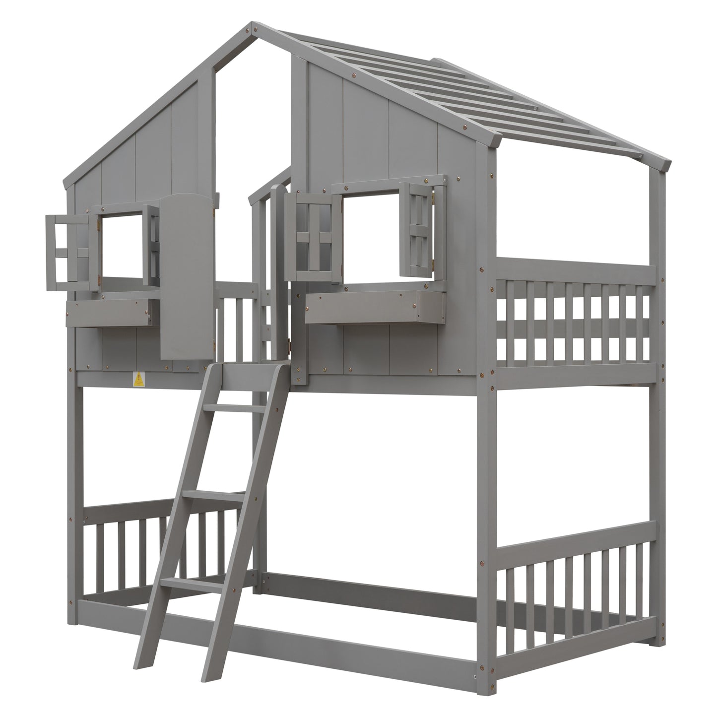 Twin House Bunk Bed for Kids with Roof and Windows - Twin Over Twin Design in Grey