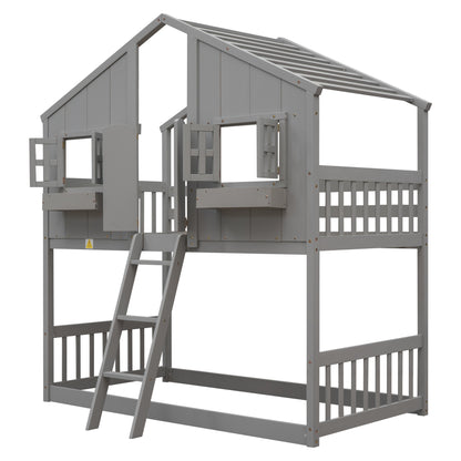 Twin House Bunk Bed for Kids with Roof and Windows - Twin Over Twin Design in Grey