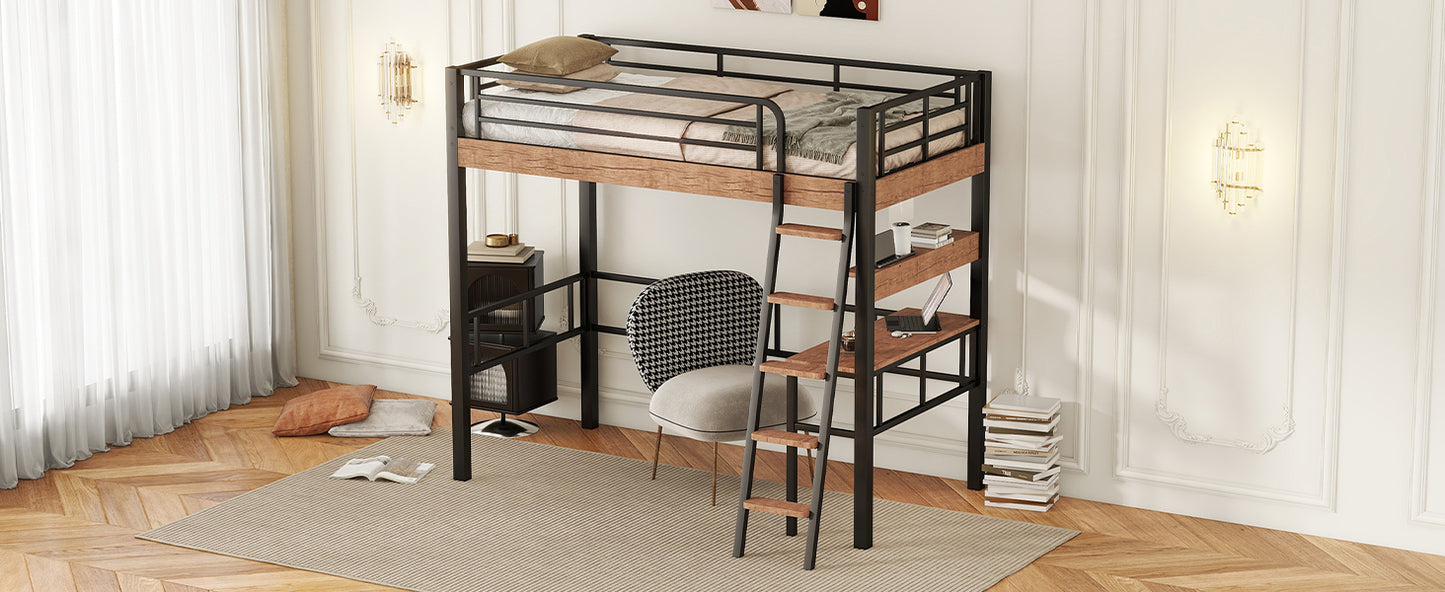 Black Metal Twin Loft Bed with Integrated Desk, Storage Shelf, and Ladder