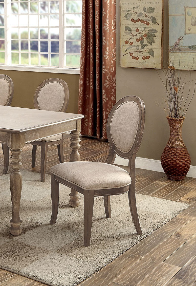 Set of 2 Transitional Dining Room Side Chairs with Padded Linen Seats, Solid Wood Frame, 21W x 25.5D x 37.75H, Rustic Oak/Gray, Kitchen & Dining Beige