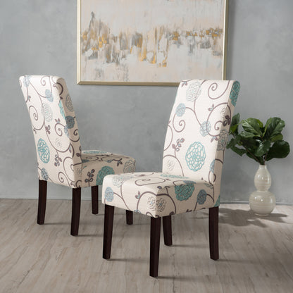 Contemporary Dining Chair Set of 2, 17.5W x 26.5D x 39.5H, Fabric, Rubberwood Legs, White and Blue