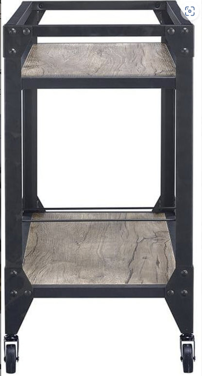Industrial Rustic Oak Charcoal Serving Cart With Wine Rack