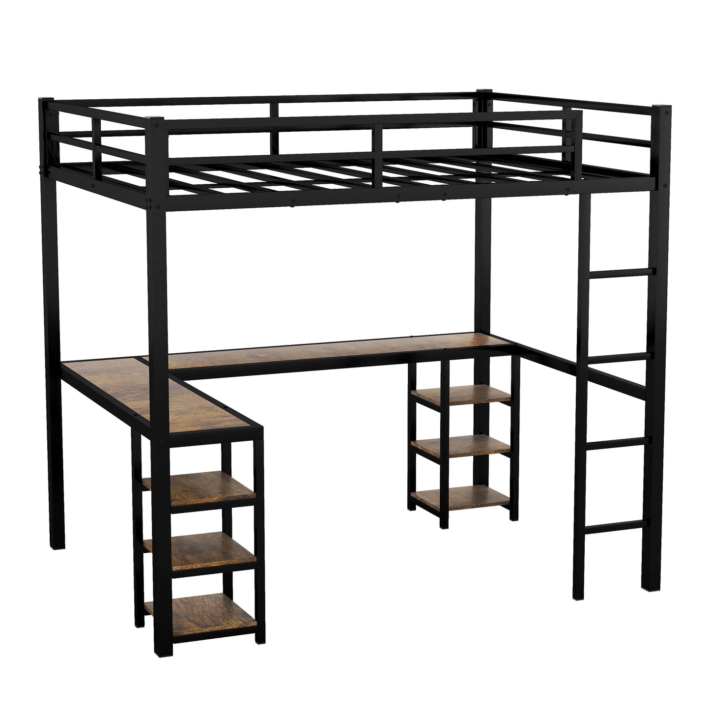 Stylish Full XL Metal Loft Bed with Integrated Desk and Storage Shelves, Ideal Space-Saving Solution for Bedrooms, Black Finish