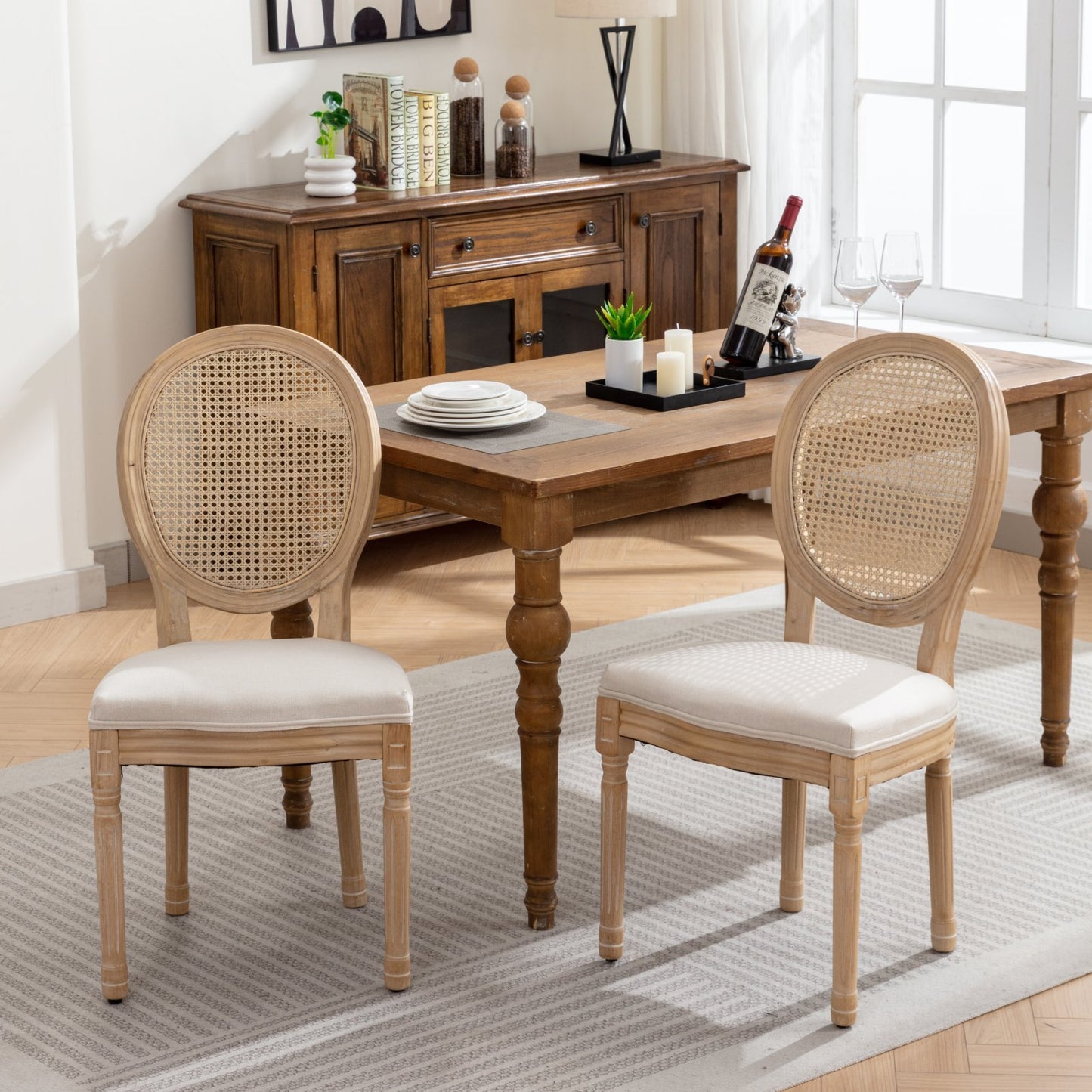 French-Style Solid Wood Dining Chair Set of 2, Linen, Rattan Back, Foam & Steel Spring Cushions, Beige