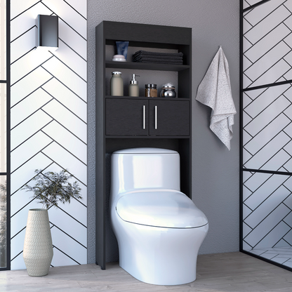 Modern Black Over-The-Toilet Storage Cabinet with Double Doors and Two Shelves, 63" Height