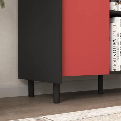 Sideboard Buffet Cabinet, Black Storage Cabinet with Red Doors , 2 Drawers with unique panel styling and 2 Open Storage Compartment, Modern Coffee Bar Cabinet Accent Cabinet for Kitchen, Dining Room,