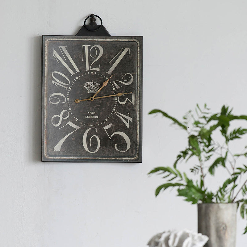 Large Vintage Rectangular Wall Clock, Iron Decor, 25.6 in H x 15.8 in L, Battery-Operated, Black