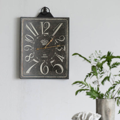 Large Vintage Rectangular Wall Clock, Iron Decor, 25.6 in H x 15.8 in L, Battery-Operated, Black
