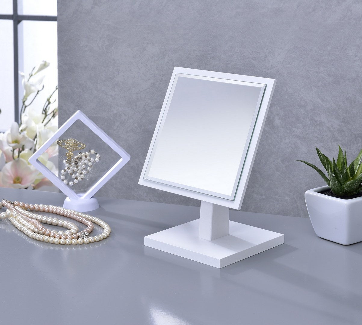 Elegant 9.5" White Finish Pedestal Make-Up Mirror with Polyresin and Wood Base