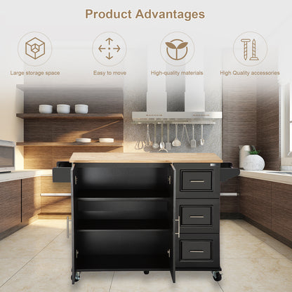 Mobile Kitchen Island with Rubber Wood Top, Adjustable Shelves & Spice Rack - Black-Beech Finish