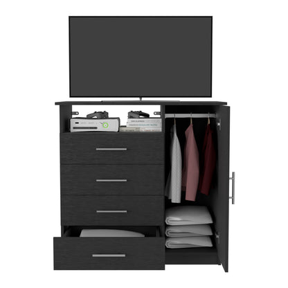 Peru Modern Black 4 Drawer Dresser with Cabinet and Open Shelf