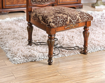 2-Pack Traditional Dining Chairs - Solid Wood, Carved Back, Floral Fabric Seats, Dining Room Brown Cherry