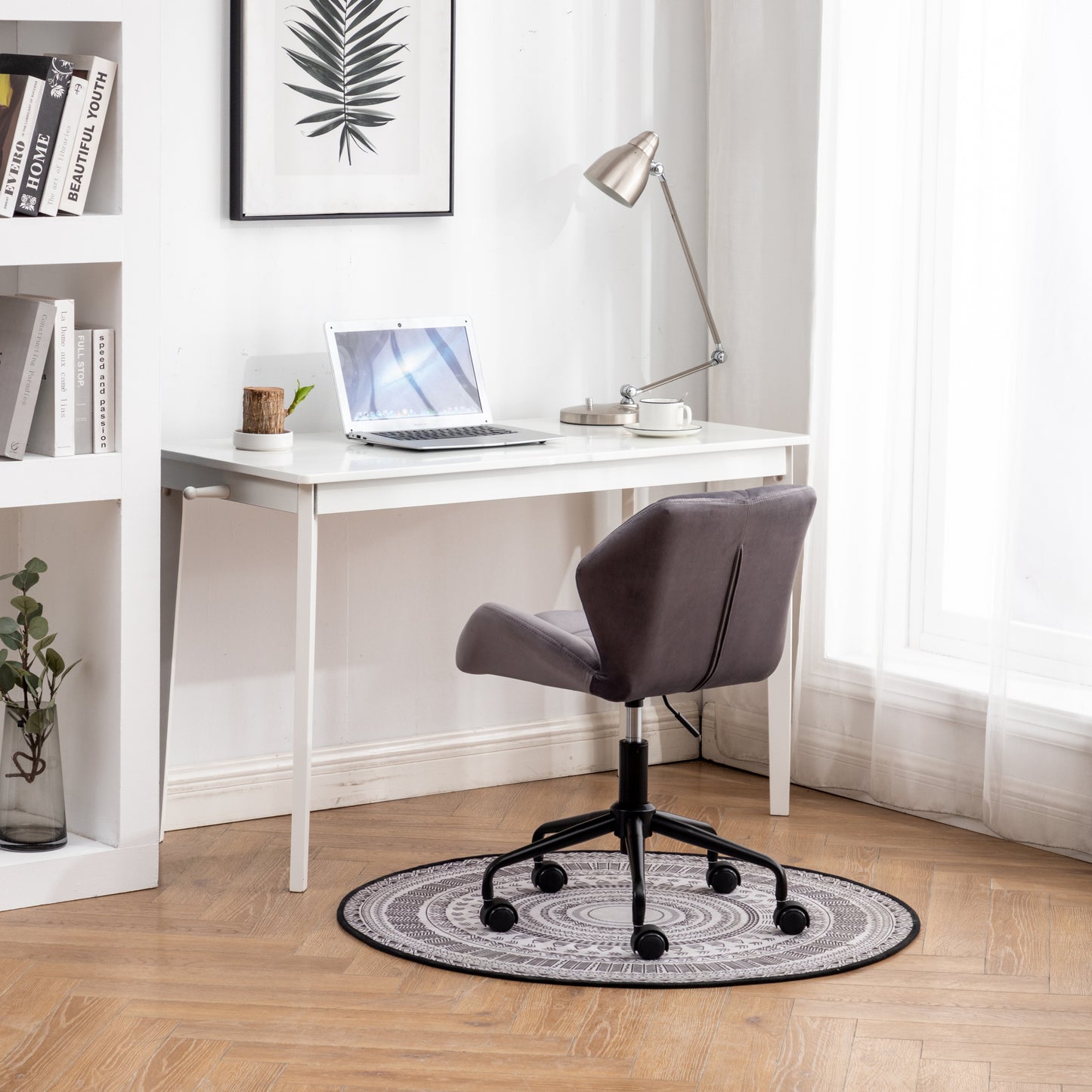 Gray Velvet Adjustable Swivel Office Chair with Diamond Tufting