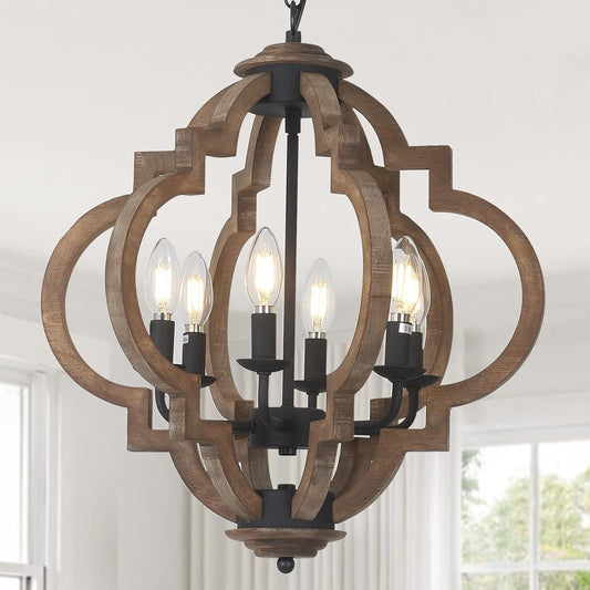 6-Light Farmhouse Chandelier for Dining Room & Kitchen - Rustic Wood and Metal Boho Pendant Light, Black