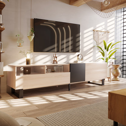 80-Inch TV Stand for Living Room with Double Storage and Drop-Down Doors — Modern Console Natural Wood