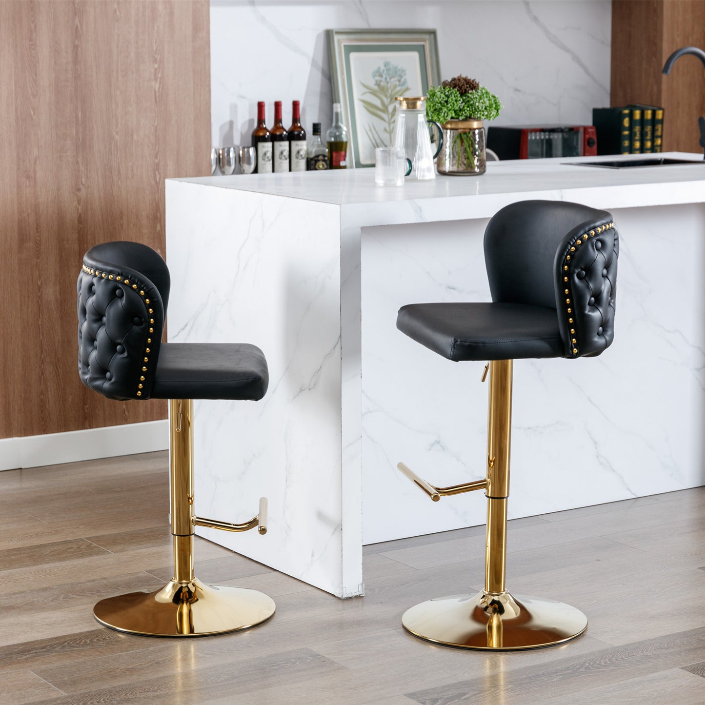 Set of 2 Adjustable Swivel Bar Stools with PU Upholstery and Full Back, Counter Height, Kitchen, Black